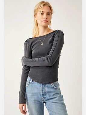 NEW Free People We The Free Black Long Sleeve Ribbed Unapologetic Tee Sz Small